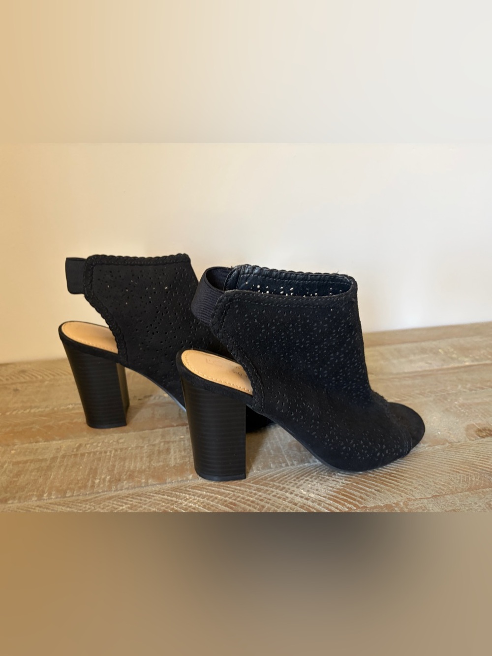 LC Lauren Conrad Black Perforated Peep-Toe Block Heel Mules